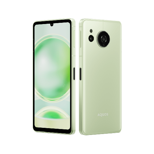 AQUOS Sense8 mobile phone in green front and back